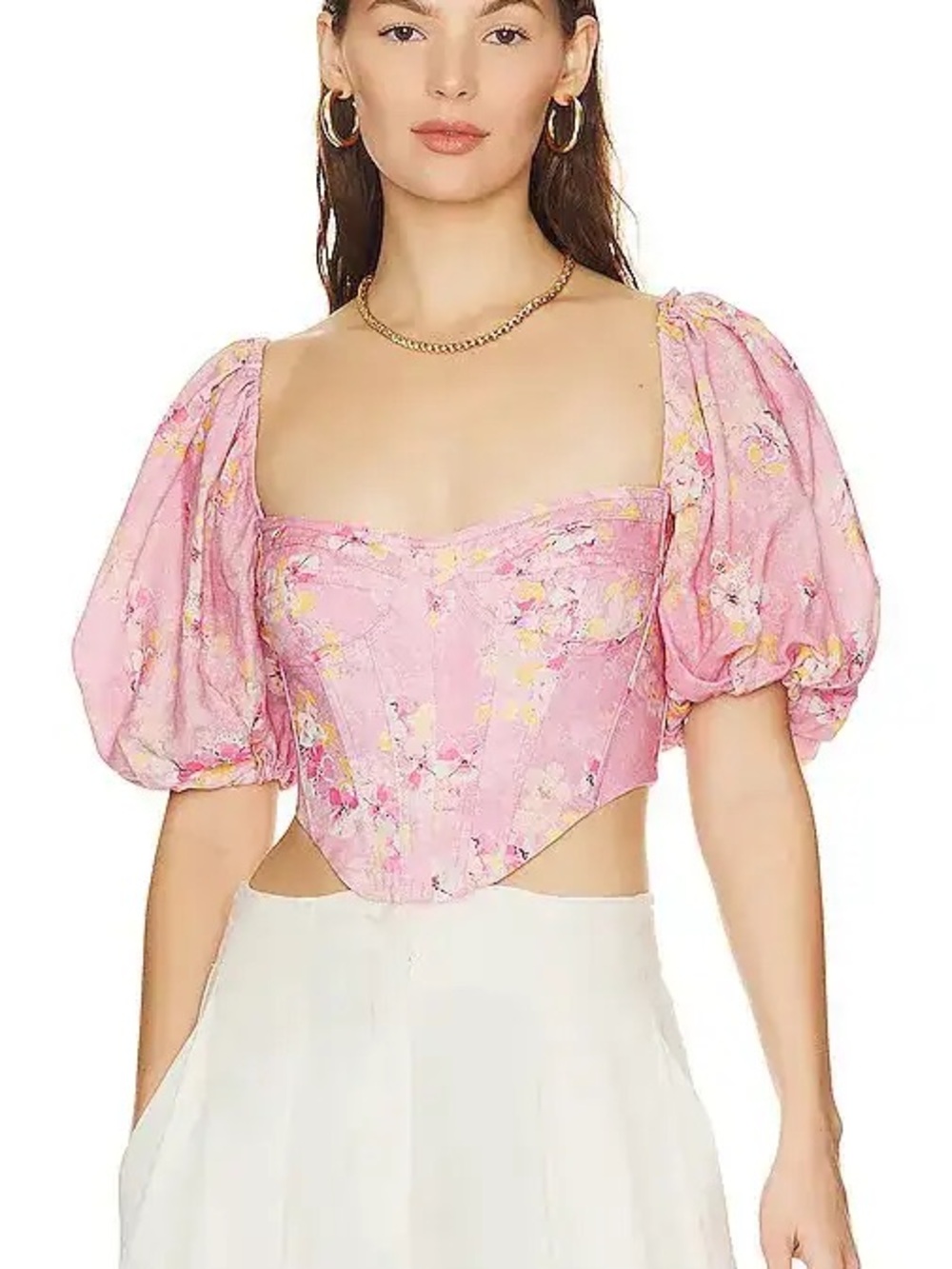 Bardot Kiah Corset Top Puff-Sleeve Pink Size M